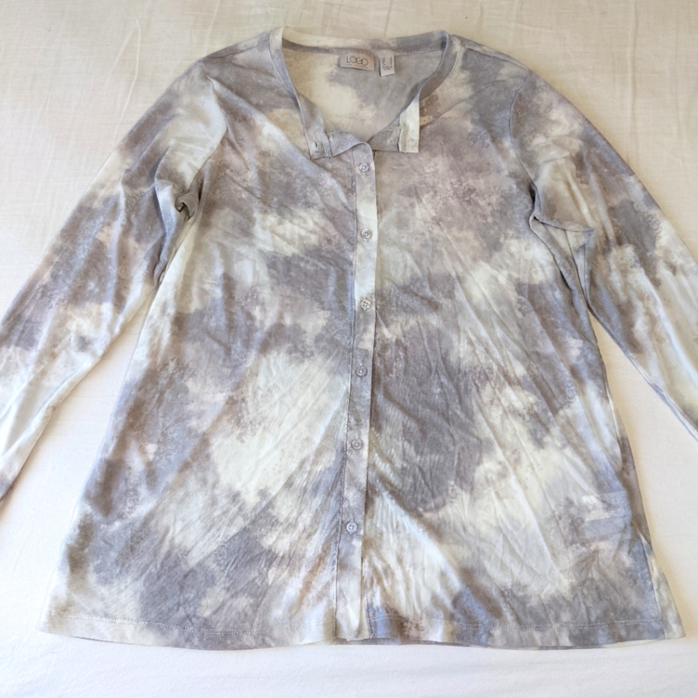 LOGO by Lori Goldstein Long Sleeve Button Down Shirt Semi Sheer Tie Dy
